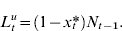 L_{t}^{u} \equals \left( {1 \minus x_{t}{\hskip -3pt \ast } } \right)N_{t \minus \setnum{1}}.