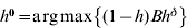 h^{\setnum{0}} \equals {\rm arg}{\kern 1pt} {\rm max}\left\{ {\lpar 1 \minus h\rpar Bh^{\delta } } \right\}