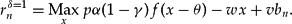 \begin{equation}
r_n^{\delta = 1} = \mathop {{\rm Max}}\limits_x p\alpha (1 - \gamma)f(x - \theta) - wx + vb_n.\end{equation}