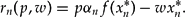 \begin{equation}
r_n (p, w) = p\alpha _n f(x_n^*) - wx_n^*.\end{equation}
