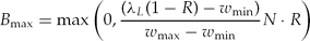 \begin{equation}
B_{\max} = \max \left({0,\frac{{({\lambda _L ({1 - R}) - w_{\min}})}}{{w_{\max} - w_{\min}}}N \cdot R} \right)
\end{equation}