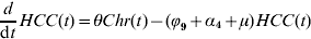 {d \over {{\rm d}t}}HCC\lpar t\rpar \equals \theta Chr\lpar t\rpar \minus \lpar \phiv _{\setnum{9}} \plus \alpha _{\setnum{4}} \plus \mu \rpar HCC\lpar t\rpar