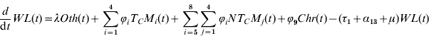 \eqalign{ {d \over {{\rm d}t}}WL\lpar t\rpar \equals \tab \lambda Oth\lpar t\rpar \plus \sum\limits_{i \equals \setnum{1}}^{\setnum{4}} {\phiv _{i} T_{C} M_{i} \lpar t\rpar \plus \sum\limits_{i \equals \setnum{5}}^{\setnum{8}} {\sum\limits_{j \equals \setnum{1}}^{\setnum{4}} {\phiv _{i} NT_{C} M_{j} \lpar t\rpar } } } \plus \phiv _{\setnum{9}} Chr\lpar t\rpar \minus \lpar \tau _{\setnum{1}} \plus \alpha _{\setnum{13}} \plus \mu \rpar WL\lpar t\rpar \cr}