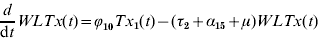 {d \over {{\rm d}t}}WLTx\lpar t\rpar \equals \phiv _{\setnum{10}} Tx_{\setnum{1}} \lpar t\rpar \minus \lpar \tau _{\setnum{2}} \plus \alpha _{\setnum{15}} \plus \mu \rpar WLTx\lpar t\rpar