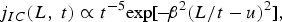\,j_{IC} \lpar L\comma \; t\rpar \propto t^{-5} \hbox{exp}\lsqb \!-\!\beta^{2} \lpar L/t - u\rpar ^{2}\rsqb \comma \; \eqno\lpar 4\rpar