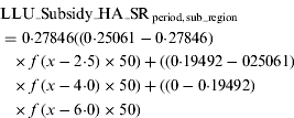 $$\hskip-8pt\eqalign {&\rm LLU \_Subsidy\_HA\_SR_{\,period,sub\_region} \cr & = 0 {\cdot} 27846 ((0 {\cdot} 25061 - 0 {\cdot} 27846) \cr & \ \ \times f\,(x - 2 {\cdot} 5) \times 50) + ((0 {\cdot} 19492 - 025061) \cr & \ \ \times f\,(x - 4 {\cdot} 0) \times 50) + ((0 - 0 {\cdot} 19492) \cr & \ \ \times f\,(x - 6 {\cdot} 0) \times 50) \cr} }$$