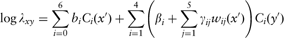 \[--><$$> \log {{\lambda }_{xy}} = \mathop{\sum}\limits_{i = 0}^6 {{b}_i}{{C}_i}(x^{\prime}) + \mathop{\sum}\limits_{i = 1}^4 \left( {{{\beta }_i} + \mathop{\sum}\limits_{j = 1}^5 {{\gamma }_{ij}}{{w}_{ij}}(x^{\prime})} \right){{C}_i}(y^{\prime}) \eqno<$$><!--\]