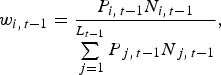 w_{i\comma \, t - 1}=\displaystyle{{P_{i\comma \, t - 1} N_{i\comma \, t - 1} } \over {\sum\limits_{\,j=1}^{L_{t - 1} } {P_{\,j\comma \, t - 1} N_{\,j\comma \, t - 1} } }}\comma \;