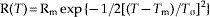 {\rm R}\lpar T\rpar \equals {\rm R}_{\rm m} \exp \lcub\hskip-1 \minus 1\sol 2\lsqb \lpar T \minus T_{\rm m} \rpar \sol {T}_{\rmsigma } \rsqb ^{\setnum{2}} \rcub