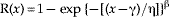 {\rm R}\lpar x\rpar \equals 1 \minus \exp \lcub \hskip-1\minus \lsqb \lpar x \minus \rmgamma \rpar \sol \rmeta \rsqb \rcub ^{\rm \rmbeta }