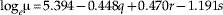 {\rm log}_{e} \rmmu \equals {\rm 5}{\rm.394} \minus {\rm 0}{\rm.448}q \plus {\rm 0}{\rm.470}r \minus {\rm 1}{\rm.191}s