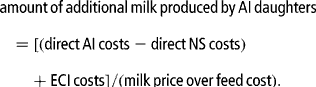 amount\,of\,additional\,milk\,produced\,by\,AI\,daughters = [(direct\,AI\,costs - direct\,NS\,costs) + ECI\,costs]/(milk\,price\,over\,feed\,cost).