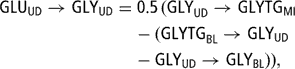 \[ \displaylines{ {\rm{GLU}}_{{{\rm{UD}}}} \rightarrow {\rm{GLY}}_{{{\rm{UD}}}} = &amp; {\rm{0}}{\rm{.5}}\,{\rm{(GLY}}_{{{\rm{UD}}}} \rightarrow {\rm{GLYTG}}_{{{\rm{MI}}}} \cr &amp; \kern-2pt - {\rm{(GLYTG}}_{{{\rm{BL}}}} \rightarrow {\rm{GLY}}_{{{\rm{UD}}}} \cr &amp; \kern-2pt - {\rm{GLY}}_{{{\rm{UD}}}} \rightarrow {\rm{GLY}}_{{{\rm{BL}}}} {\rm{)),}} \cr \cr \cr} \]