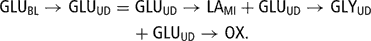 \[ \displaylines{ {\rm{GLU}}_{{{\rm{BL}}}} \rightarrow {\rm{GLU}}_{{{\rm{UD}}}} = &amp; {\rm{GLU}}_{{{\rm{UD}}}} \rightarrow {\rm{LA}}_{{{\rm{MI}}}} + {\rm{GLU}}_{{{\rm{UD}}}} \rightarrow {\rm{GLY}}_{{{\rm{UD}}}} \cr &amp; \kern-2pt + {\rm{GLU}}_{{{\rm{UD}}}} \rightarrow {\rm{ OX}}{\rm{.}} \cr} \]
