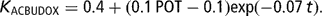 \[ K_{{{\rm{ACBUDOX}}}} = {\rm{0}}{\rm{.4}} + (0.1\,{\rm{POT}} - 0.1){\rm{exp}}( - 0.07\,t{\rm{)}}{\rm{.}} \]