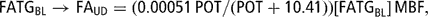 \[ {\rm{FATG}}_{{{\rm{BL}}}} \rightarrow {\rm{FA}}_{{{\rm{UD}}}} = (0.00051\,{\rm{POT}}/({\rm{POT}} + 10.41)){\rm{[FATG}}_{{{\rm{BL}}}} {\rm{]}}\,{\rm{MBF,}} \]