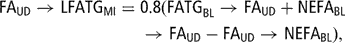 \[\displaylines{ {\rm{FA}}_{{{\rm{UD}}}} \rightarrow {\rm{LFATG}}_{{{\rm{MI}}}} = &amp; {\rm{0}}{\rm{.8}}{\rm{(FATG}}_{{{\rm{BL}}}} \rightarrow {\rm{FA}}_{{{\rm{UD}}}} + {\rm{NEFA}}_{{{\rm{BL}}}} \cr &amp; \rightarrow {\rm{FA}}_{{{\rm{UD}}}} - {\rm{FA}}_{{{\rm{UD}}}} \rightarrow {\rm{NEFA}}_{{{\rm{BL}}}} {\rm{),}} \]