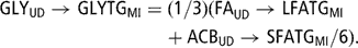 \[ \displaylines{ {\rm{GLY}}_{{{\rm{UD}}}} \rightarrow {\rm{GLYTG}}_{{{\rm{MI}}}} = &amp; {\rm{(1/3)}}{\rm{(FA}}_{{{\rm{UD}}}} \rightarrow {\rm{LFATG}}_{{{\rm{MI}}}} \cr &amp; \kern-2pt + {\rm{ACB}}_{{{\rm{UD}}}} \rightarrow {\rm{SFATG}}_{{{\rm{MI}}}} /6){\rm{.}} \cr \cr } \]
