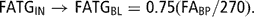 \[ {\rm{FATG}}_{{{\rm{IN}}}} \rightarrow {\rm{FATG}}_{{{\rm{BL}}}} = 0.75({\rm{FA}}_{{{\rm{BP}}}} /270){\rm{.}} \]