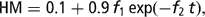 \[ {\rm{HM}} = 0.1 + {\rm{0}}{\rm{.9}}\,f_{{\rm{1}}} \,{\rm{exp}}( - f_{{\rm{2}}} \,t){\rm{,}} \]