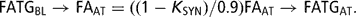 \[ {\rm{FATG}}_{{{\rm{BL}}}} \rightarrow {\rm{FA}}_{{{\rm{AT}}}} = ((1 - K_{{{\rm{SYN}}}} )/0.9){\rm{FA}}_{{{\rm{AT}}}} \rightarrow {\rm{FATG}}_{{{\rm{AT}}}} . \]