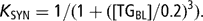 \[ K_{{{\rm{SYN}}}} = 1/(1 + ([{\rm{TG}}_{{{\rm{BL}}}} ]/0.2)^{3} ){\rm{.}} \]
