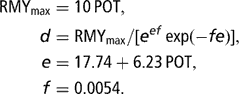 \[ \displaylines{ {\rm{RMY}}_{{{\rm{max}}}} &amp; = {\rm{10}}\,{\rm{POT,}} \cr d &amp; = {\rm{RMY}}_{{{\rm{max}}}} /[e^{{ef}} \,{\rm{exp}}( - fe)]{\rm{,}} \cr e &amp; = {\rm{17}}{\rm{.74}} + {\rm{6}}{\rm{.23}}\,{\rm{POT,}} \cr f &amp; = {\rm{0}}{\rm{.0054}}{\rm{.}} \cr} \]
