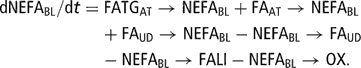 \[ \displaylines{ {\rm{dNEFA}}_{{{\rm{BL}}}} /{\rm{d}}t = &amp; {\rm{FATG}}_{{{\rm{AT}}}} \rightarrow {\rm{NEFA}}_{{{\rm{BL}}}} + {\rm{FA}}_{{{\rm{AT}}}} \rightarrow {\rm{NEFA}}_{{{\rm{BL}}}} \cr &amp; \kern-2pt + {\rm{FA}}_{{{\rm{UD}}}} \rightarrow {\rm{NEFA}}_{{{\rm{BL}}}} - {\rm{NEFA}}_{{{\rm{BL}}}} \rightarrow {\rm{FA}}_{{{\rm{UD}}}} \cr &amp; \kern-2pt - {\rm{NEFA}}_{{{\rm{BL}}}} \rightarrow {\rm{FALI}} - {\rm{NEFA}}_{{{\rm{BL}}}} \rightarrow {\rm{OX}}{\rm{.}} \cr} \]