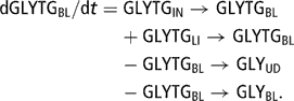 \[ \displaylines{ {\rm{dGLYTG}}_{{{\rm{BL}}}} /{\rm{d}}t = &amp; {\rm{GLYTG}}_{{{\rm{IN}}}} \rightarrow {\rm{GLYTG}}_{{{\rm{BL}}}} \cr &amp; \kern-2pt + {\rm{GLYTG}}_{{{\rm{LI}}}} \rightarrow {\rm{GLYTG}}_{{{\rm{BL}}}} \cr &amp;\kern-2pt - {\rm{GLYTG}}_{{{\rm{BL}}}} \rightarrow {\rm{GLY}}_{{{\rm{UD}}}} \cr &amp; \kern-2pt - {\rm{GLYTG}}_{{{\rm{BL}}}} \rightarrow {\rm{GLY}}_{{{\rm{BL}}}} . \cr \cr \cr \cr } \]