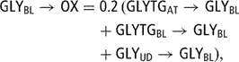 \[ \displaylines{ {\rm{GLY}}_{{{\rm{BL}}}} \rightarrow {\rm{OX}} = &amp; {\rm{0}}{\rm{.2}}\,({\rm{GLYTG}}_{{{\rm{AT}}}} \rightarrow {\rm{GLY}}_{{{\rm{BL}}}} \cr &amp; \kern-2pt + {\rm{GLYTG}}_{{{\rm{BL}}}} \rightarrow {\rm{GLY}}_{{{\rm{BL}}}} \cr &amp; \kern-2pt + {\rm{GLY}}_{{{\rm{UD}}}} \rightarrow {\rm{GLY}}_{{{\rm{BL}}}} {\rm{),}} \cr \cr \cr } \]