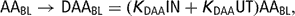 \[ {\rm{AA}}_{{{\rm{BL}}}} \rightarrow {\rm{DAA}}_{{{\rm{BL}}}} = (K_{{{\rm{DAA}}}} _{{{\rm{IN}}}} + K_{{{\rm{DAA}}}} _{{{\rm{UT}}}} ){\rm{AA}}_{{{\rm{BL}}}}, \]
