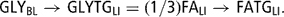 \[ {\rm{GLY}}_{{{\rm{BL}}}} \rightarrow {\rm{GLYTG}}_{{{\rm{LI}}}} = (1/3){\rm{FA}}_{{{\rm{LI}}}} \rightarrow {\rm{FATG}}_{{{\rm{LI}}}} . \]