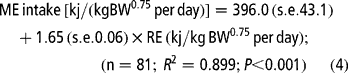 ME\,intake\, = \,338.4 (s.e. 43.0) + 4.58\,(s.e. 0.80)\times RE_{p} + 1.52 (s.e. 0.07)\times RE_{f}(n = 81; R ^{2} = 0.912; P < 0.001)