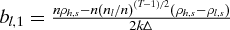 $b_{l,1} = \frac{n \rho _{h,s} - n \left( n_l/n \right)^{(T-1)/2} (\rho _{h,s} - \rho _{l,s})}{2 k \Delta }$