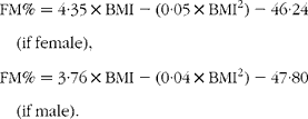 FM\% = 4\cdot 35\times BMI - (0\cdot 05\times BMI^{2}) - 46\cdot 24\quad (if\,female),FM\% = 3\cdot 76\times BMI - (0\cdot 04\times BMI^{2}) - 47\cdot 80\quad (if\,male).