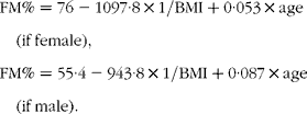 FM\% = 76 - 1097\cdot 8\times 1/BMI + 0\cdot 053\times age\quad (if\,female),FM\% = 55\cdot 4 - 943\cdot 8\times 1/BMI + 0\cdot 087\times age\quad (if\,male).
