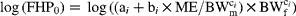 \,log\,(FHP_{0}) = \,log\,((a_{ i } + b_{ i }\times ME/ BW _{m}^{c_{ i }})\times BW _{f}^{c_{ i }})