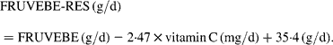 FRUVEBE\hyphen RES\,(g/d) = FRUVEBE\,(g/d) - 2\cdot 47\times vitamin\,C\,(mg/d) + 35\cdot 4\,(g/d).