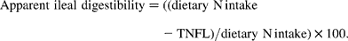 \begin{eqnarray} Apparent ileal digestibility = ((dietary N\,intake - TNFL)/dietary N\,intake)\times 100. \end{eqnarray}