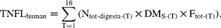 \begin{eqnarray} TNFL_{human} = { \sum _{T = 1}^{16} }\,(N_{tot\hyphen digesta\hyphen (T)}\times DM_{S\hyphen (T)}\times F_{tot\hyphen (T)}), \end{eqnarray}
