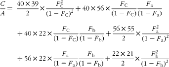 \begin{eqnarray} \frac { C }{ A } = \,\frac {40\times 39}{2}\times \frac { F _{C}^{2}}{(1 - F _{C})^{2}} + 40\times 56\times \frac { F _{C}}{(1 - F _{C})}\frac { F _{a}}{(1 - F _{a})} + 40\times 22\times \frac { F _{C}}{(1 - F _{C})}\frac { F _{b}}{(1 - F _{b})} + \frac {56\times 55}{2}\times \frac { F _{a}^{2}}{(1 - F _{a})^{2}} + 56\times 22\times \frac { F _{a}}{(1 - F _{a})}\frac { F _{b}}{(1 - F _{b})} + \frac {22\times 21}{2}\times \frac { F _{b}^{2}}{(1 - F _{b})^{2}} \end{eqnarray}