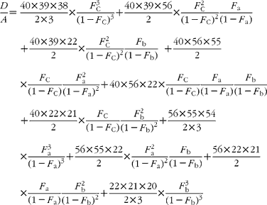 \begin{eqnarray} \frac { D }{ A } = \,\frac {40\times 39\times 38}{2\times 3}\times \frac { F _{C}^{3}}{(1 - F _{C})^{3}} + \frac {40\times 39\times 56}{2}\times \frac { F _{C}^{2}}{(1 - F _{C})^{2}}\frac { F _{a}}{(1 - F _{a})} + \frac {40\times 39\times 22}{2}\times \frac { F _{C}^{2}}{(1 - F _{C})^{2}}\frac { F _{b}}{(1 - F _{b})}\quad + \frac {40\times 56\times 55}{2}\times \frac { F _{C}}{(1 - F _{C})}\frac { F _{a}^{2}}{(1 - F _{a})^{2}} + 40\times 56\times 22\times \frac { F _{C}}{(1 - F _{C})}\frac { F _{a}}{(1 - F _{a})}\frac { F _{b}}{(1 - F _{b})} + \frac {40\times 22\times 21}{2}\times \frac { F _{C}}{(1 - F _{C})}\frac { F _{b}^{2}}{(1 - F _{b})^{2}} + \frac {56\times 55\times 54}{2\times 3}\times \frac { F _{a}^{3}}{(1 - F _{a})^{3}} + \frac {56\times 55\times 22}{2}\times \frac { F _{a}^{2}}{(1 - F _{a})^{2}}\frac { F _{b}}{(1 - F _{b})} + \frac {56\times 22\times 21}{2}\times \frac { F _{a}}{(1 - F _{a})}\frac { F _{b}^{2}}{(1 - F _{b})^{2}} + \frac {22\times 21\times 20}{2\times 3}\times \frac { F _{b}^{3}}{(1 - F _{b})^{3}} \end{eqnarray}