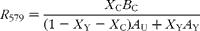 \begin{eqnarray} R _{579} = \frac { X _{C} B _{C}}{(1 - X _{Y} - X _{C}) A _{U} + X _{Y} A _{Y}} \end{eqnarray}