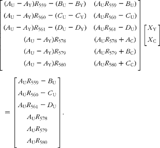 \begin{eqnarray} \left [{\begin{array}{ccc}( A _{U} - A _{Y}) R _{559} - ( B _{U} - B _{Y}) & ( A _{U} R _{559} - B _{U}) \\ ( A _{U} - A _{Y}) R _{560} - ( C _{U} - C _{Y}) & ( A _{U} R _{560} - C _{U}) \\ ( A _{U} - A _{Y}) R _{561} - ( D _{U} - D _{Y}) & ( A _{U} R _{561} - D _{U}) \\ ( A _{U} - A _{Y}) R _{578} & ( A _{U} R _{578} + A _{C}) \\ ( A _{U} - A _{Y}) R _{579} & ( A _{U} R _{579} + B _{C}) \\ ( A _{U} - A _{Y}) R _{580} & ( A _{U} R _{580} + C _{C}) \\ \end{array} }\right ]\left [{\begin{array}{ccc} X _{Y} \\ X _{C} \\ \end{array} }\right ] = \left [{\begin{array}{ccc} A _{U} R _{559} - B _{U} \\ A _{U} R _{560} - C _{U} \\ A _{U} R _{561} - D _{U} \\ A _{U} R _{578} \\ A _{U} R _{579} \\ A _{U} R _{580} \\ \end{array} }\right ]. \end{eqnarray}