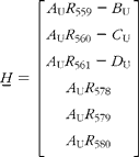 \begin{eqnarray} { H _{\lowbar } } = \left [{\begin{array}{ccc} A _{U} R _{559} - B _{U} \\ A _{U} R _{560} - C _{U} \\ A _{U} R _{561} - D _{U} \\ A _{U} R _{578} \\ A _{U} R _{579} \\ A _{U} R _{580} \\ \end{array} }\right ] \end{eqnarray}
