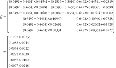 \begin{eqnarray} {\begin{array}{ccc}{ C _{ = } } & = \left [{\begin{array}{ccc}(0\cdot 6492 - 0\cdot 4461)\times 0\cdot 44\,541 - (0\cdot 2819 - 0\cdot 3616) & 0\cdot 6492\times 0\cdot 44\,541 - 0\cdot 2819 \\ (0\cdot 6492 - 0\cdot 4461)\times 0\cdot 09\,881 - (0\cdot 0598 - 0\cdot 1450) & 0\cdot 6492\times 0\cdot 09\,881 - 0\cdot 0598 \\ (0\cdot 6492 - 0\cdot 4461)\times 0\cdot 01\,604 - (0\cdot 0082 - 0\cdot 0384) & 0\cdot 6492\times 0\cdot 01\,604 - 0\cdot 0082 \\ (0\cdot 6492 - 0\cdot 4461)\times 0\cdot 10\,940 & 0\cdot 6492\times 0\cdot 10\,940 + 0\cdot 7828 \\ (0\cdot 6492 - 0\cdot 4461)\times 0\cdot 02\,692 & 0\cdot 6492\times 0\cdot 02\,692 + 0\cdot 1928 \\ (0\cdot 6492 - 0\cdot 4461)\times 0\cdot 00\,331 & 0\cdot 6492\times 0\cdot 00\,331 + 0\cdot 0227 \\ \end{array} }\right ] \\ & = \left [{\begin{array}{ccc}0\cdot 1702 & 0\cdot 0073 \\ 0\cdot 1053 & 0\cdot 0044 \\ 0\cdot 0334 & 0\cdot 0022 \\ 0\cdot 0222 & 0\cdot 8538 \\ 0\cdot 0055 & 0\cdot 2102 \\ 0\cdot 0007 & 0\cdot 0248 \\ \end{array} }\right ] \\ \end{array} }. \end{eqnarray}
