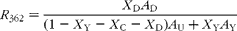 \begin{eqnarray} R _{362} = \frac { X _{D} A _{D}}{(1 - X _{Y} - X _{C} - X _{D}) A _{U} + X _{Y} A _{Y}} \end{eqnarray}
