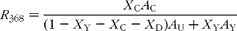 \begin{eqnarray} R _{368} = \frac { X _{C} A _{C}}{(1 - X _{Y} - X _{C} - X _{D}) A _{U} + X _{Y} A _{Y}} \end{eqnarray}
