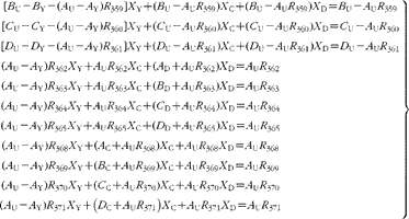 \begin{eqnarray} \left. {\begin{array}{ccc}[ B _{U} - B _{Y} - ( A _{U} - A _{Y}) R _{359}] X _{Y} + ( B _{U} - A _{U} R _{359}) X _{C} + ( B _{U} - A _{U} R _{359}) X _{D} = B _{U} - A _{U} R _{359} \\ [ C _{U} - C _{Y} - ( A _{U} - A _{Y}) R _{360}] X _{Y} + ( C _{U} - A _{U} R _{360}) X _{C} + ( C _{U} - A _{U} R _{360}) X _{D} = C _{U} - A _{U} R _{360} \\ [ D _{U} - D _{Y} - ( A _{U} - A _{Y}) R _{361}] X _{Y} + ( D _{U} - A _{U} R _{361}) X _{C} + ( D _{U} - A _{U} R _{361}) X _{D} = D _{U} - A _{U} R _{361} \\ ( A _{U} - A _{Y}) R _{362} X _{Y} + A _{U} R _{362} X _{C} + ( A _{D} + A _{U} R _{362}) X _{D} = A _{U} R _{362} \\ ( A _{U} - A _{Y}) R _{363} X _{Y} + A _{U} R _{363} X _{C} + ( B _{D} + A _{U} R _{363}) X _{D} = A _{U} R _{363} \\ ( A _{U} - A _{Y}) R _{364} X _{Y} + A _{U} R _{364} X _{C} + ( C _{D} + A _{U} R _{364}) X _{D} = A _{U} R _{364} \\ ( A _{U} - A _{Y}) R _{365} X _{Y} + A _{U} R _{365} X _{C} + ( D _{D} + A _{U} R _{365}) X _{D} = A _{U} R _{365} \\ ( A _{U} - A _{Y}) R _{368} X _{Y} + ( A _{C} + A _{U} R _{368}) X _{C} + A _{U} R _{368} X _{D} = A _{U} R _{368} \\ ( A _{U} - A _{Y}) R _{369} X _{Y} + ( B _{C} + A _{U} R _{369}) X _{C} + A _{U} R _{369} X _{D} = A _{U} R _{369} \\ ( A _{U} - A _{Y}) R _{370} X _{Y} + ( C _{C} + A _{U} R _{370}) X _{C} + A _{U} R _{370} X _{D} = A _{U} R _{370} \\ \left ( A _{U} - A _{Y}\right ) R _{371} X _{Y} + \left ( D _{C} + A _{U} R _{371}\right ) X _{C} + A _{U} R _{371} X _{D} = A _{U} R _{371} \\ \end{array} }\right \} \end{eqnarray}