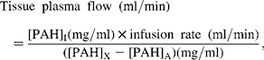 Tissue\ plasma\ flow\ (ml/min) = {{ {[PAH]_{I}(mg/ml)\times infusion\ rate\ (ml/min)}}\over{{([PAH]_{X} - [PAH]_{A})(mg/ml)}}},
